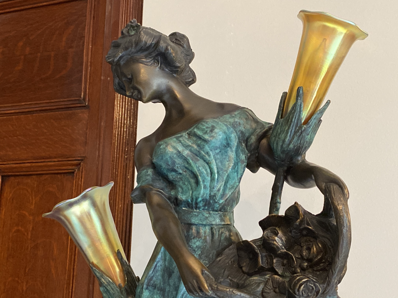 an Extravagant Patinated Bronze Neoclassical Figural Lamp On Marble Pedestal